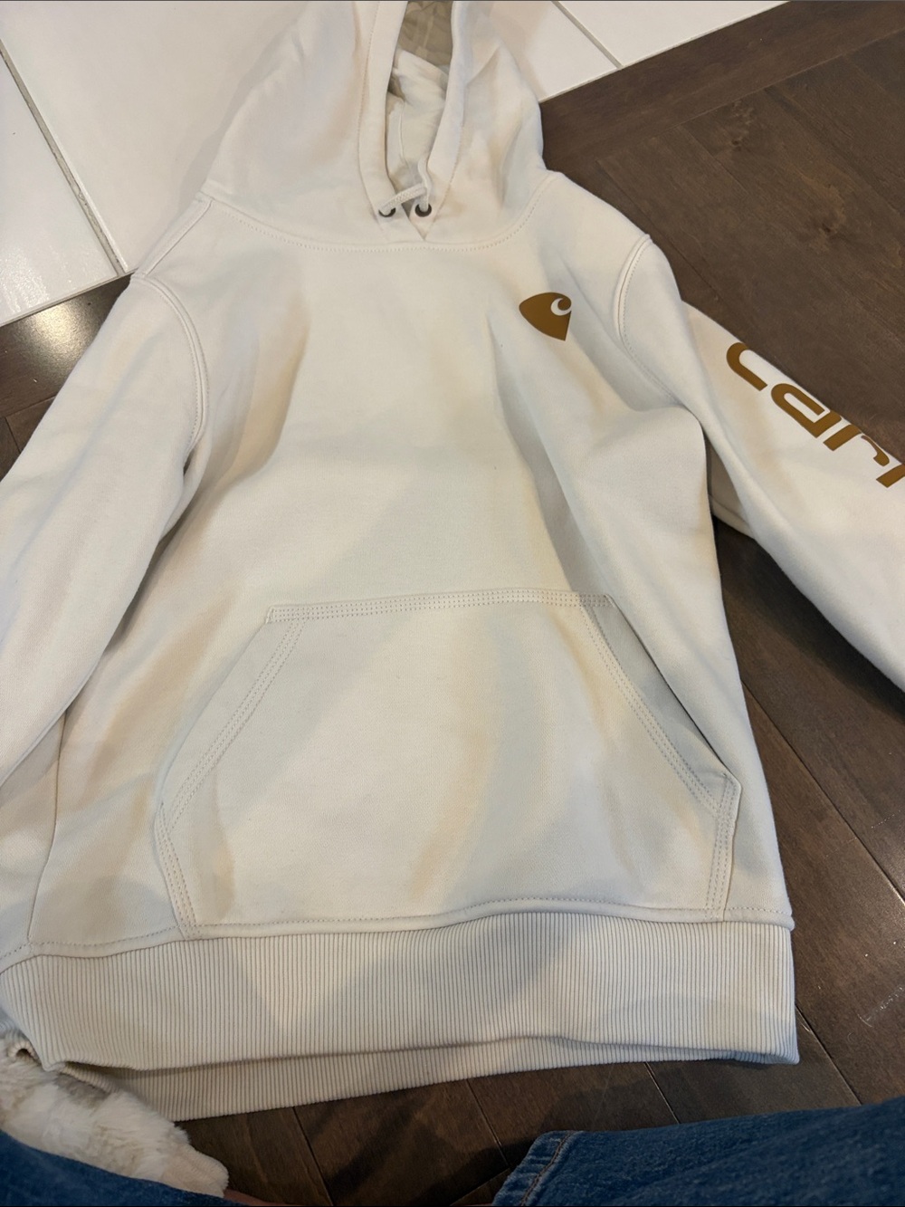 Carhartt Men’s Cream Crewneck Hoodie with Gold Logo